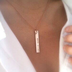 Personalized Rose Gold Vertical Bar Necklace: Roman Numeral Date