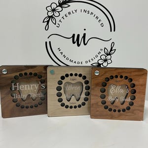 Personalized Wooden Baby Teeth Storage Box- Walnut, Cherry, or Birch Finish.  Classic keepsake for baby gift or shower.