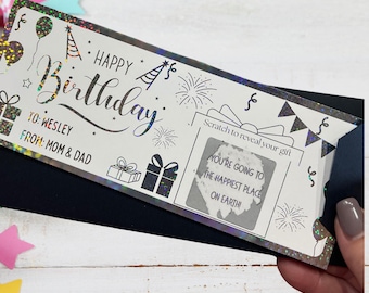 Happy Birthday Foil Ticket Reveal Cards for Birthday/Celebration/Vacation