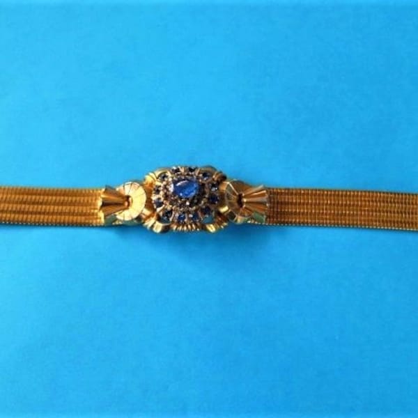 Art Deco Signed P.S. Co 12k Gold Fill & Blue Paste Ornate Mesh Bracelet