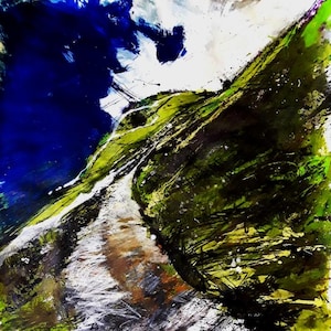 May include: An abstract painting featuring a vibrant green hillside sloping upwards, contrasted by a deep blue sky area. The composition uses expressive, textured brushstrokes and splatters of black, white, and brown to depict a path.