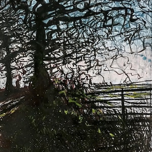Puede incluir: Una pintura expresiva que representa un paisaje con ramas de árboles oscuras y enredadas silueteadas contra un cielo pálido. Una valla horizontal cruza el plano medio, mientras que el primer plano presenta sombras profundas y reflejos verdes.