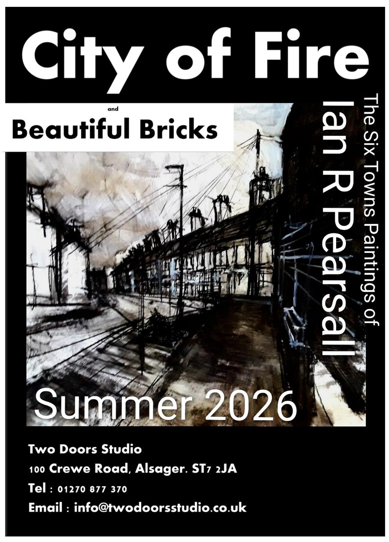 K&ouml;nnte beinhalten: Poster f&uuml;r "City of Fire and Beautiful Bricks" von Ian R Pearsall, mit einer monochromen Stra&szlig;enszene. Der Text "Summer 2026" ist prominent dargestellt. Das Poster enth&auml;lt Kontaktinformationen f&uuml;r Two Doors Studio.