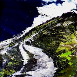 May include: An abstract painting featuring a dark navy blue sky above a textured landscape of vibrant lime green and deep forest green hills. A winding white path cuts through the centre, created with expressive, layered brushstrokes and splatters.