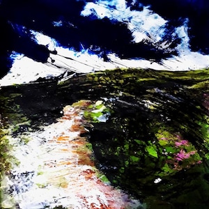 May include: An abstract painting featuring a dark, stormy sky with deep blue and black clouds above a textured landscape. The ground displays vibrant green patches, earthy brown tones, and white highlights, created with expressive, thick brushstrokes.