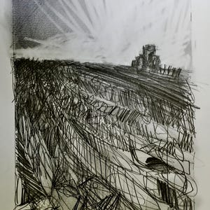Peut inclure: Un croquis au crayon d'un tracteur dans un champ sous un ciel lumineux. L'œuvre est réalisée dans un style lâche et expressif avec des traits de crayon visibles. Le tracteur est au loin et le champ au premier plan.