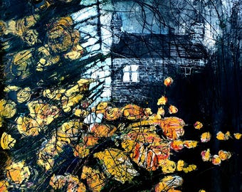 May include: Abstract painting of a house and flowers. The house is dark with a white window. Yellow and orange flowers are in the foreground. The painting has a dark, moody feel with visible brushstrokes.
