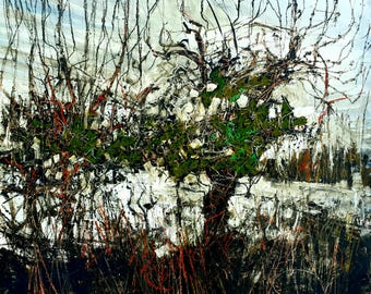 May include: Abstract painting of a tree with green foliage and dark brown branches against a white and light blue background. The painting has a textured appearance with visible brushstrokes and red accents.