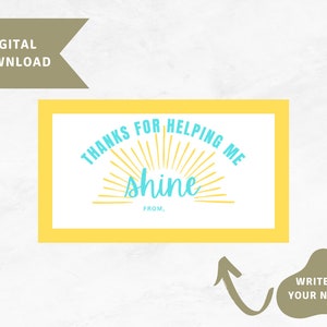 Thank you for Helping me Shine Gift Tag, Teacher Appreciation Tag, Thank you Gift, End of School Gift