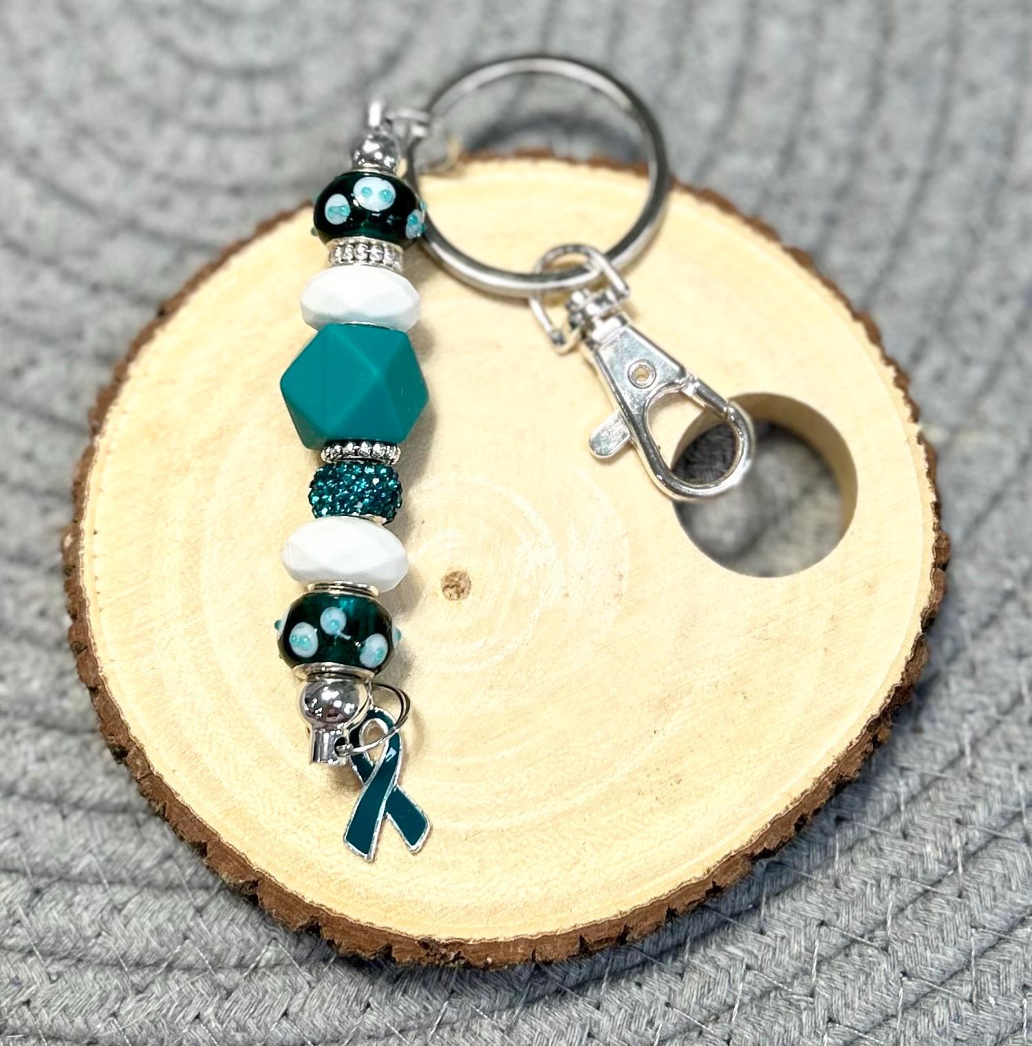 Teal & White Awareness Ribbon Keychain - Luxury Rhinestone Charm, Medium Size 1.14" X 0.59" - View #6