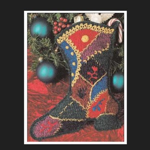 May include: A colorful patchwork Christmas stocking with a green, red, blue, and yellow color scheme. The stocking is decorated with a crocheted trim and a variety of small, colorful details.
