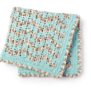 May include: A crocheted baby blanket in a light blue and brown color scheme. The blanket is made with a textured stitch and has a simple border.