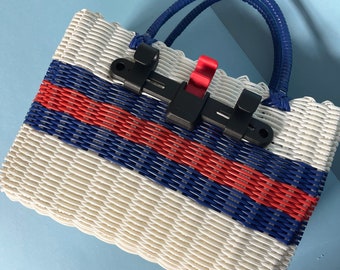 Bicycle Pannier recycled blue white red plastic woven basket tote bag