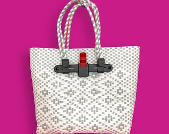 Alforja para bicicleta, bolsa de mano tejida de plástico gris reciclado