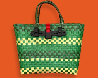 Alforja para bicicleta, bolsa de mano tejida de plástico a cuadros verdes reciclados