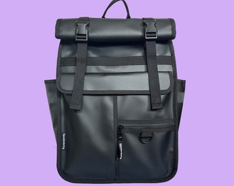 Black coated bicycle pannier / rolltop backpack bike bag