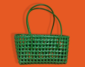 Alforja para bicicleta, pequeña bolsa de plástico tejida verde reciclada