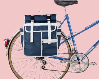 Navy blue & white bicycle pannier / rolltop backpack bike bag