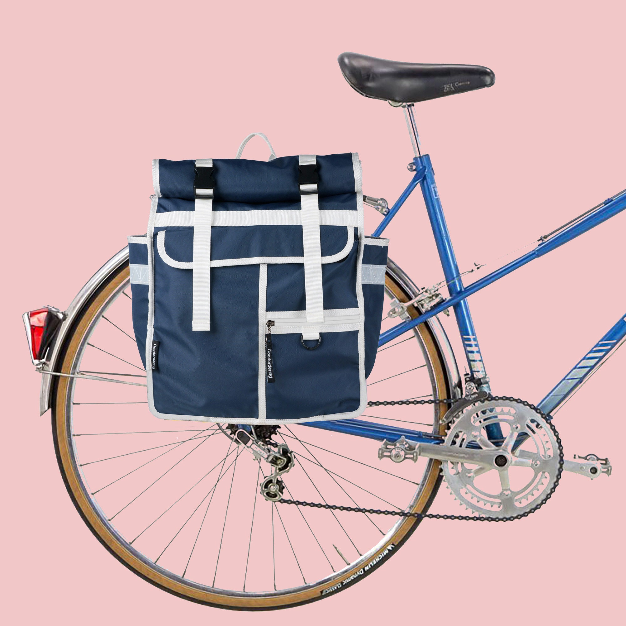 Navy blue & white bicycle pannier / rolltop backpack bike bag