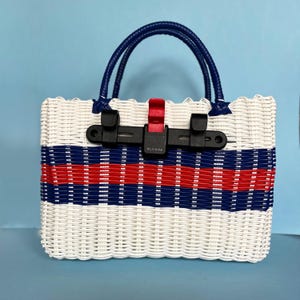 Bicycle Pannier recycled white red blue plastic woven basket tote bag