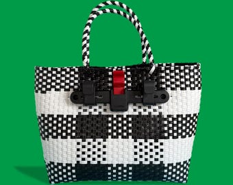 Alforja para bicicleta, bolsa de mano tejida de plástico negro reciclado