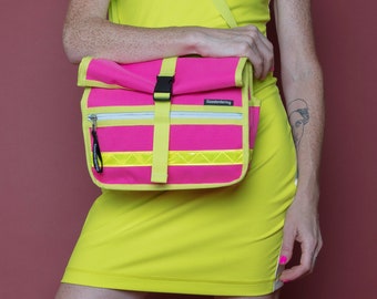 Pink & yellow Neon Retro bicycle handlebar bag / shoulder bag / small bag rolltop satchel