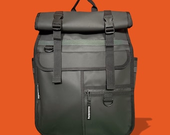 Schwarz beschichtete Fahrradtasche / Rolltop-Rucksack mit Laptopfach