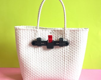 Alforja para bicicleta, bolsa de mano tejida de plástico blanco reciclado