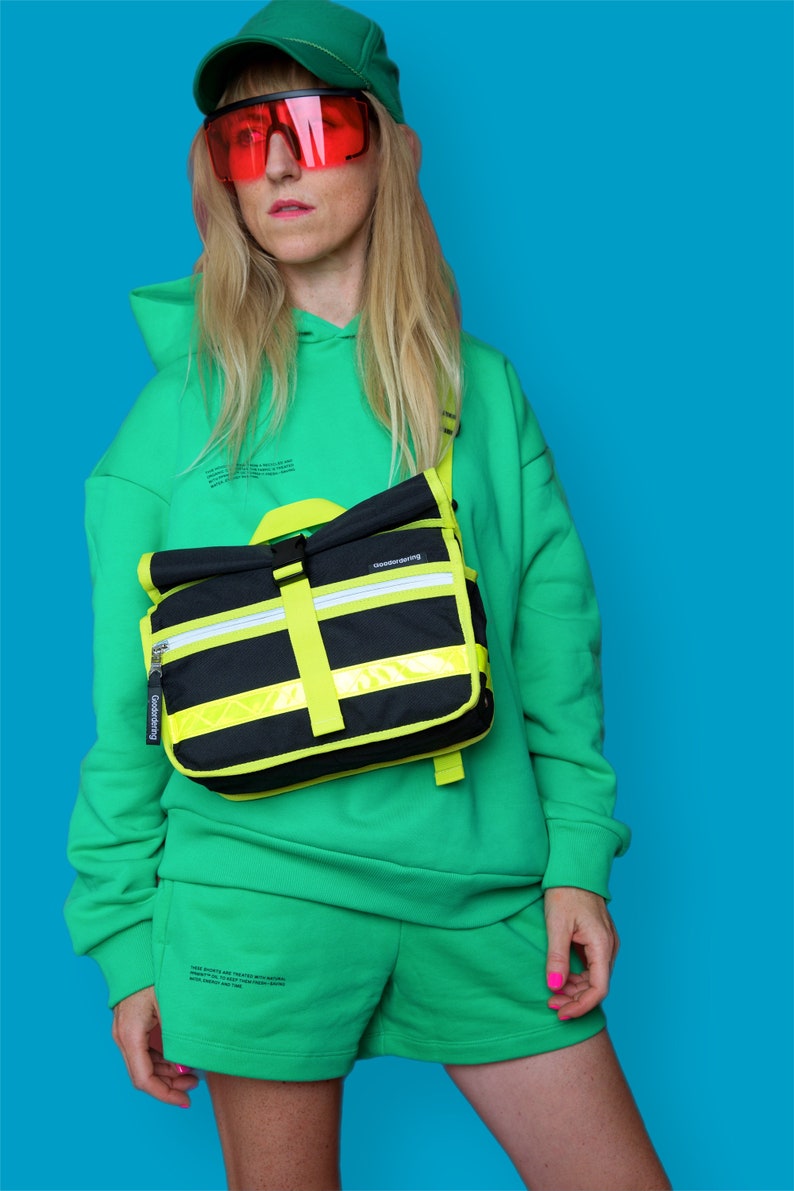 Black & Neon yellow Retro bicycle rolltop handlebar bag / shoulder bag / small bag Goodordering image 2