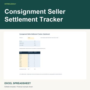 May include: A digital Consignment Seller Settlement Tracker spreadsheet template featuring a dashboard with tables for supplier payouts and records. The layout includes columns for data sources, supplier names, and numerical values on a white background.