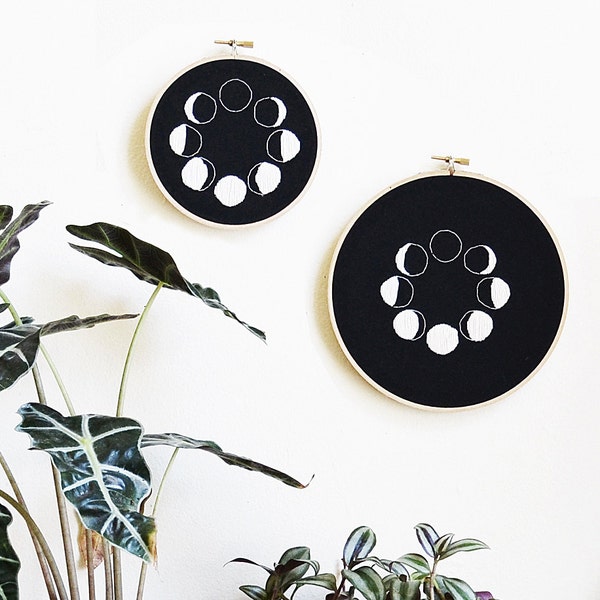 Lunar Phases Hand Stitched Embroidery Hoop Art