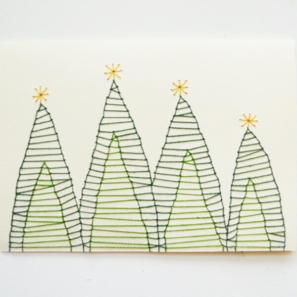 SET OF 3 Hand Stitched Christmas Tree Note Cards