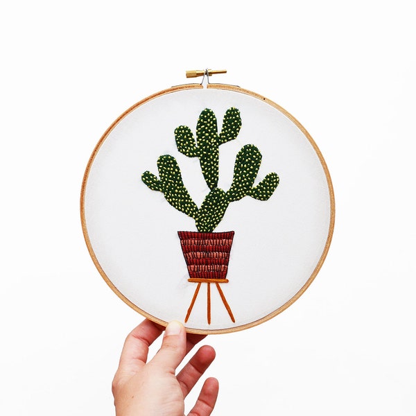 Branching Cactus on Stool - Modern Embroidery Hoop Art - 7 inch Hoop