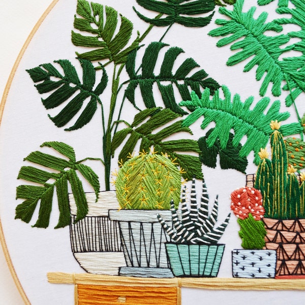 12 inch Hand Stitched Potted Garden Modern Embroidery Hoop Art