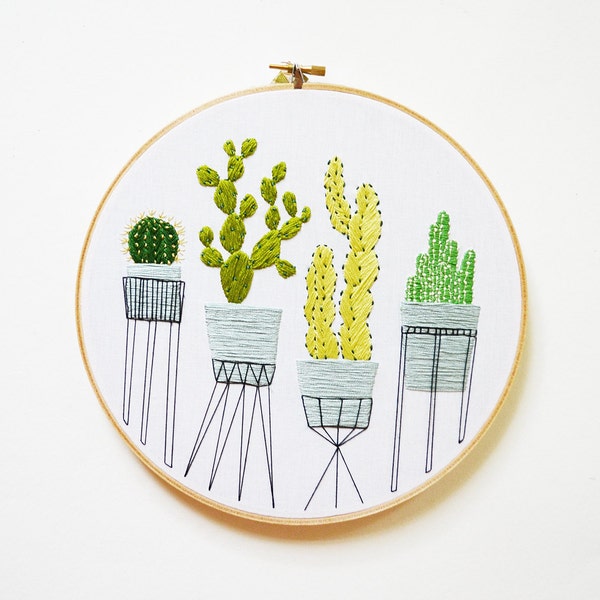 Large Hand Embroidered Cactus Hoop Art