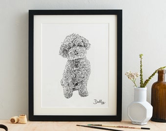 Portrait personnalisé d’animal de compagnie à la plume et à l’encre avec nom