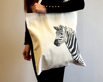 Natural Cotton Illustrated Zebra Tote Bag