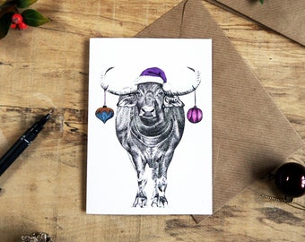 Water Buffalo with Baubles Christmas Greetings Card