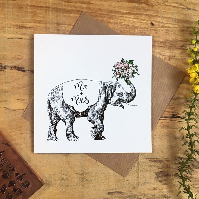 Elephant with a Bouquet Wedding Card, Engagement card. image 1