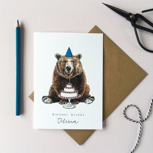 Carte d’anniversaire Ours avec gâteau, carte d’anniversaire personnalisée