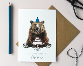Bear with a Cake Birthday Card, Personalised Birthday Card