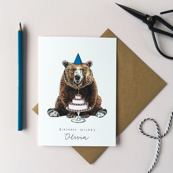 Bear with a Cake Birthday Card, Personalised Birthday Card