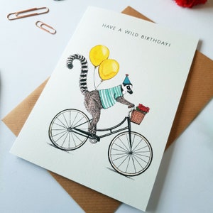 Have A Wild Birthday Lemur Greetings Card, Bicycle Card - Etsy UK