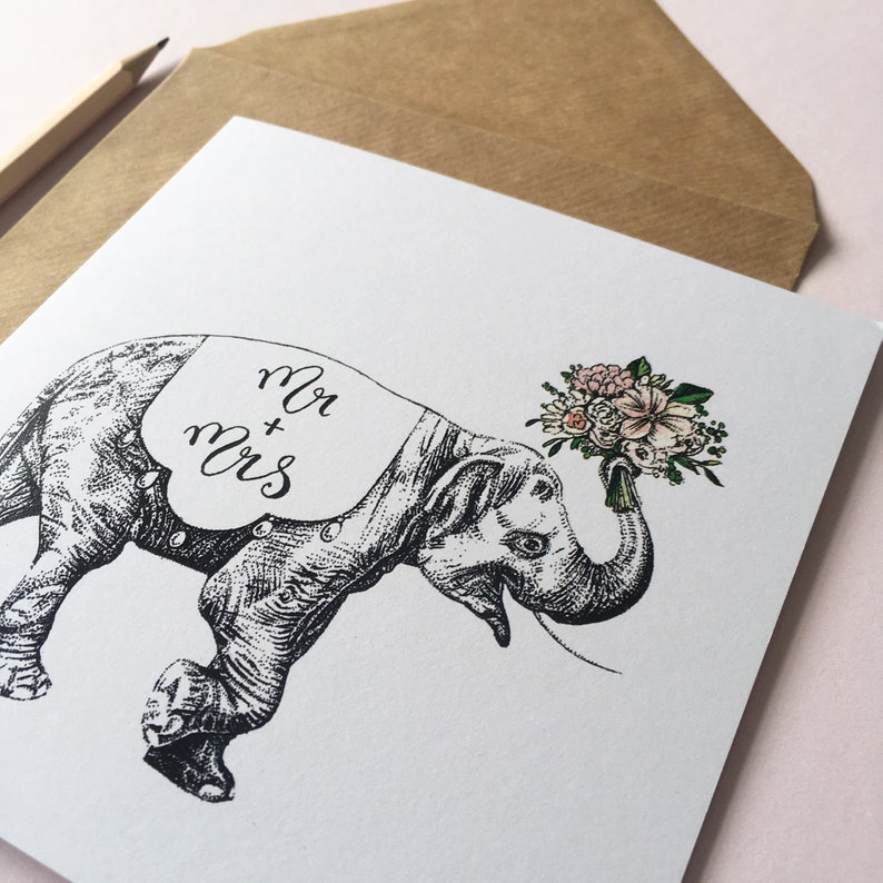 Elephant with a Bouquet Wedding Card, Engagement card. image 2