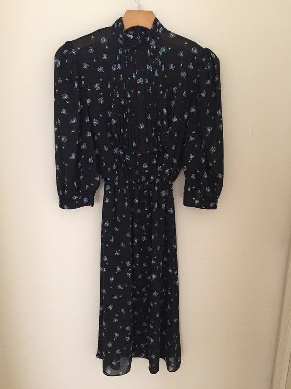 Sheer Black Floral Secretary Dress 70s 80s