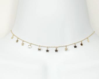 Mini Multi dangling Plain Star Sterling Silver Choker Necklace