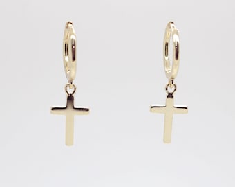 Sterling Silver Dangle Cross and Hoop Huggie Earring