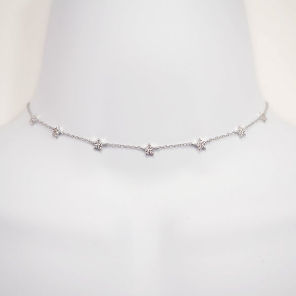 Sterling Silver CZ Pave star Choker Necklace