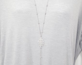 Sterling Silver Filigree Lattice CZ Tassel Necklace