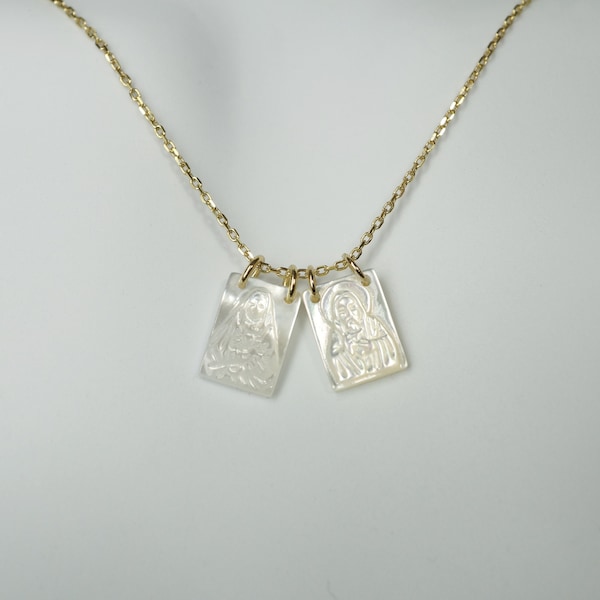 Scapular Style Mother of Pearl on Gold Over Sterling Silver Chain Necklace
